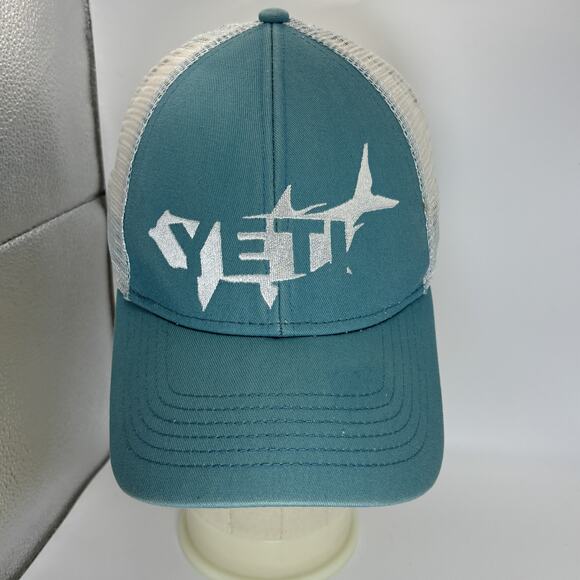 YETI Hat Cap Snap Back Blue White Mesh Trucker Fishing‎ Shark Logo Mens - Picture 1 of 7